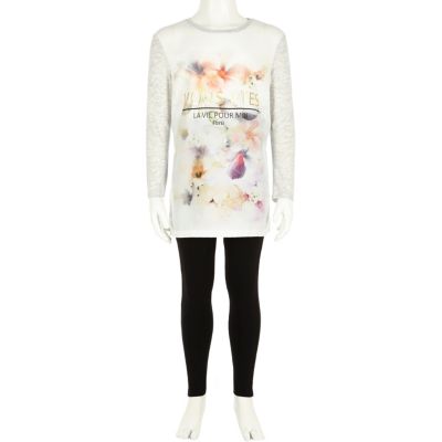 Girls cream floral top leggings outfit